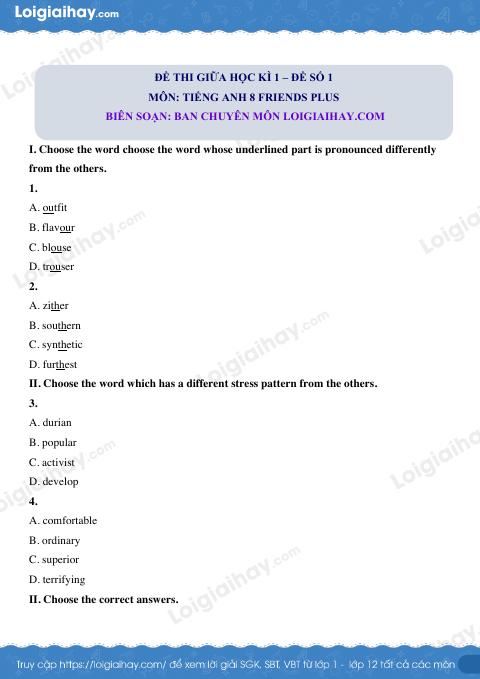 Đề thi giữa kì 1 Tiếng Anh 8 Friends Plus - Đề số 2